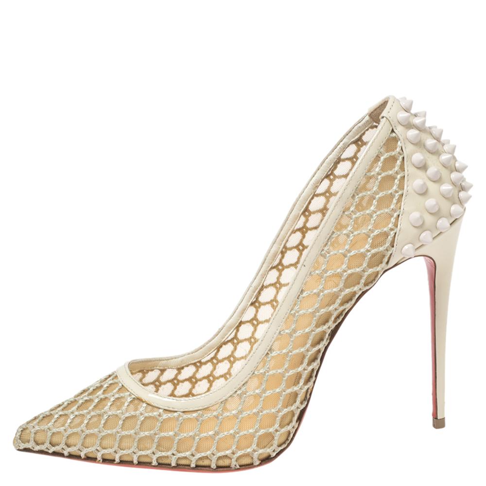CC Pumps 50 Beige Mesh Leather Pointed Toe
