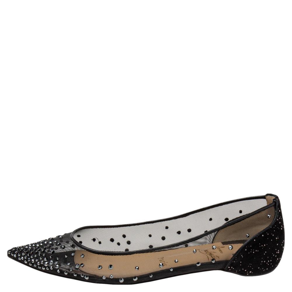 Inspired by the famous Parisian cabaret 'Follies Strass,' Christian Louboutin has crafted these iconic ballet flats into a distinguishing silhouette. They are made from black mesh and suede, with the crystals embellished in a gradient-like flow.