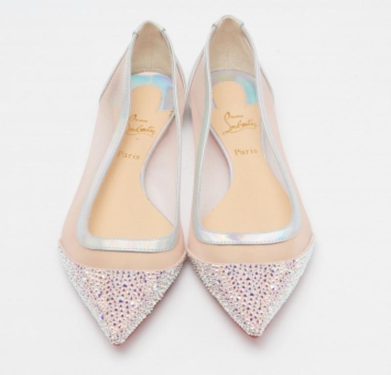 Christian Louboutin Bailarinas de malla, cuero y ante Galativi Strass Talla 35.5 Beige en venta