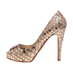 Christian Louboutin Metallic Beige Scaled PVC Poseidon Peep Toe Pumps Size 35.5