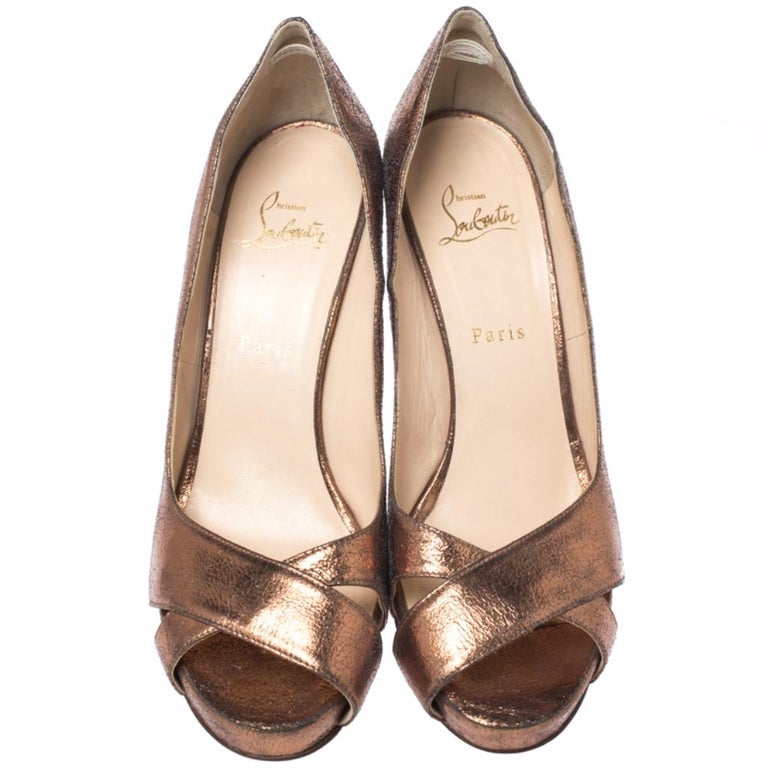 Christian Louboutin Metallic Bronze Leather Peep Toe Platform Pumps