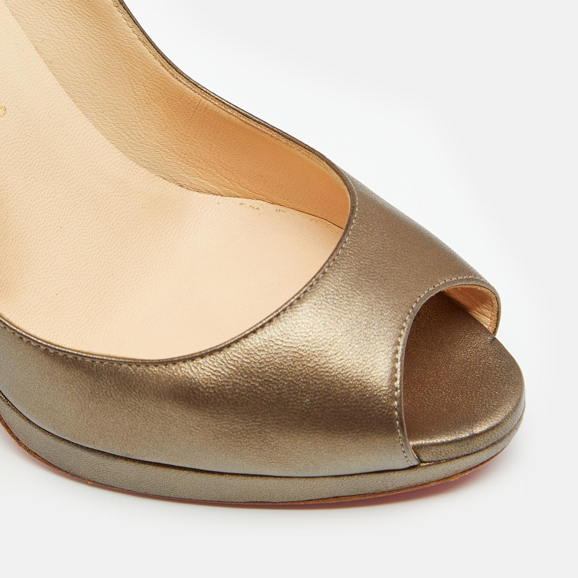 Christian Louboutin Metallic Bronze Leather Yolanda Peep Toe Pumps Size 37 For Sale 1