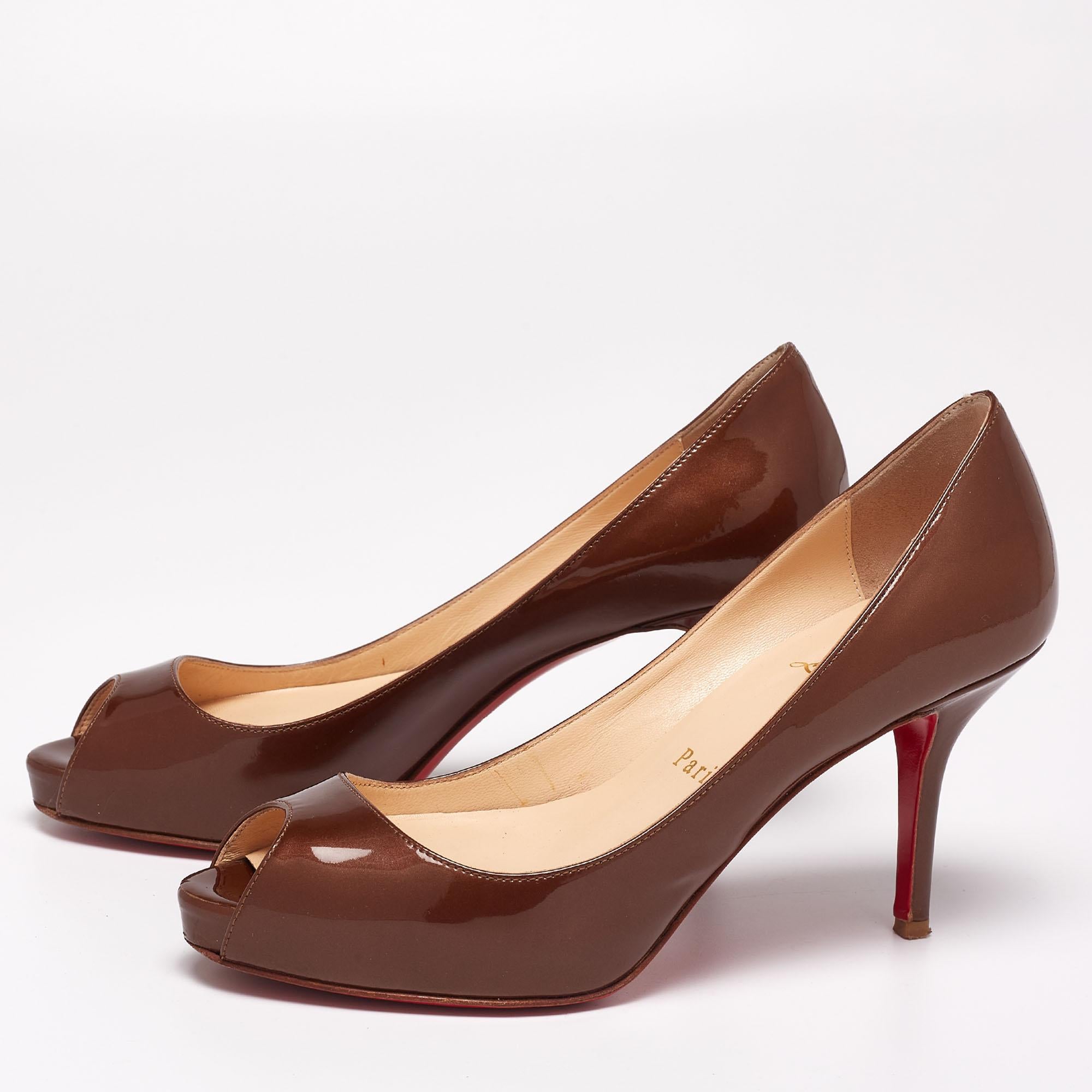 Women's Christian Louboutin Metallic Brown Patent Leather Mater Peep-Toe Size 36.5