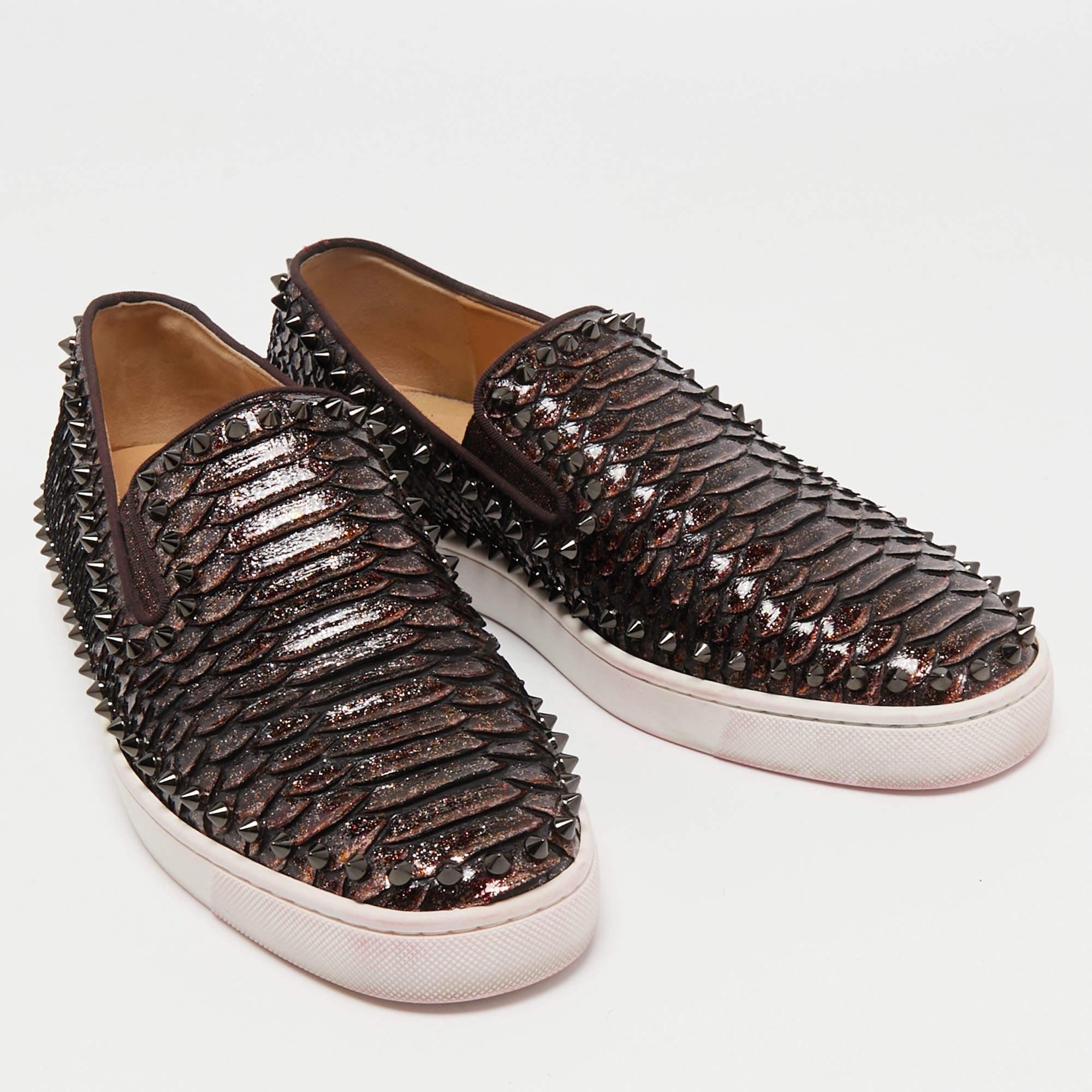 Men's Christian Louboutin Metallic Brown Python Pik Boat Slip On Sneakers Size 42.5