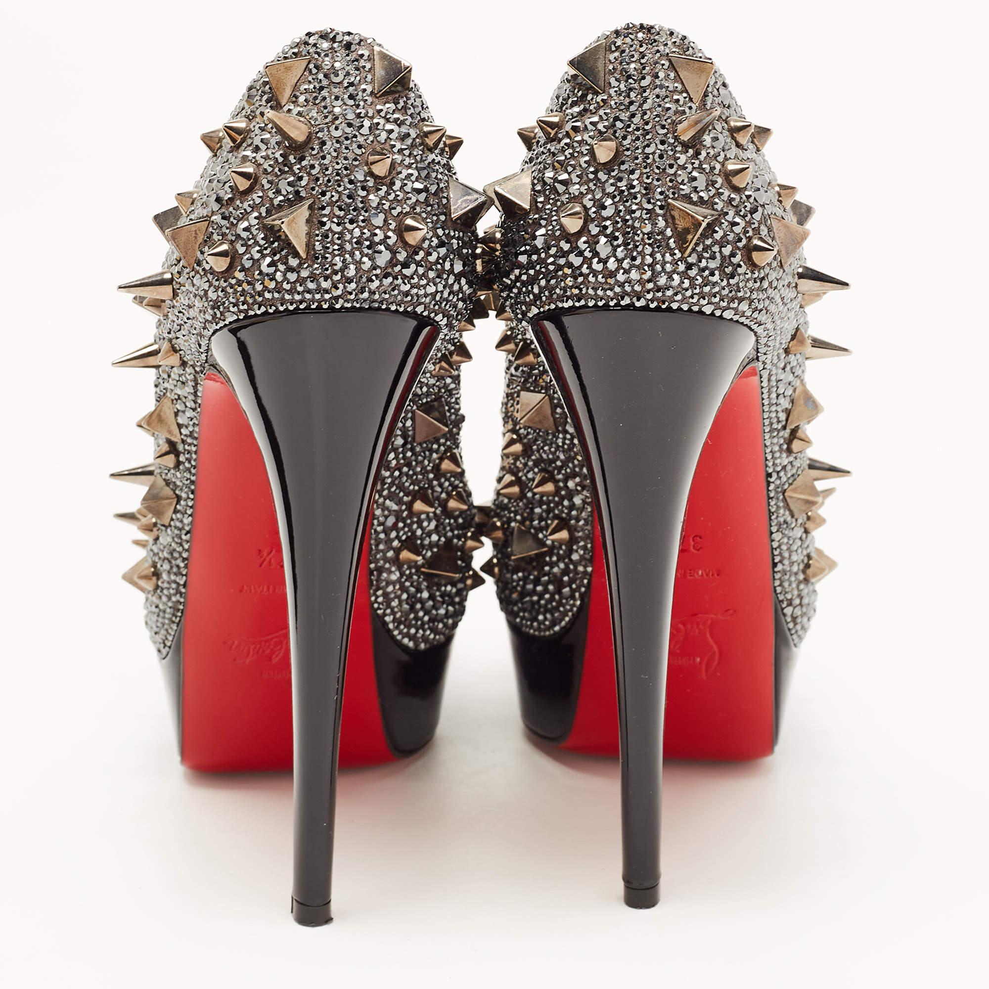 Black Christian Louboutin Metallic Crystal Leather Lady Peep Spikes Pumps Size 37.5 For Sale