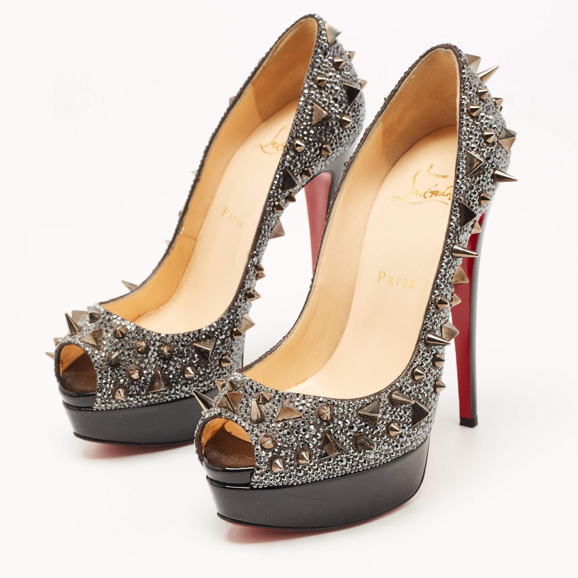 Women's Christian Louboutin Metallic Crystal Leather Lady Peep Spikes Pumps Size 37.5 For Sale