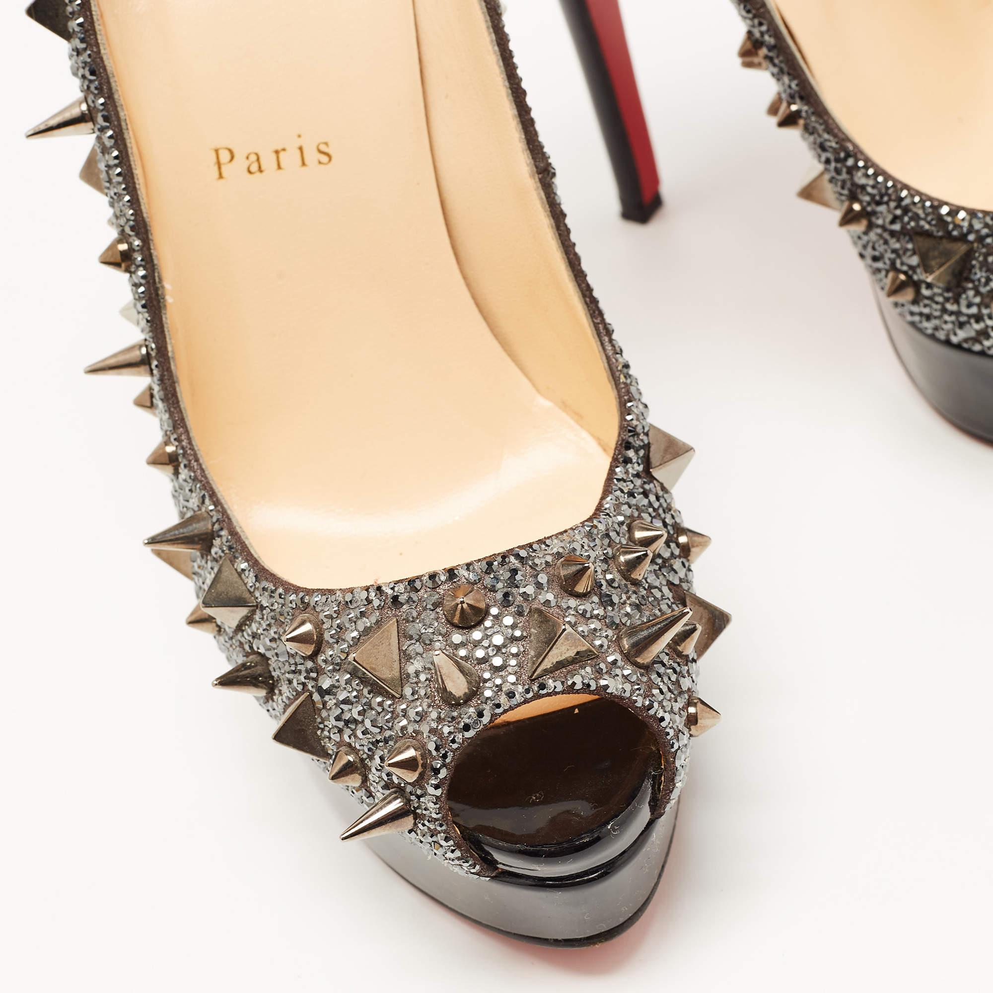 Christian Louboutin Metallic Crystal Leather Lady Peep Spikes Pumps Size 37.5 For Sale 1