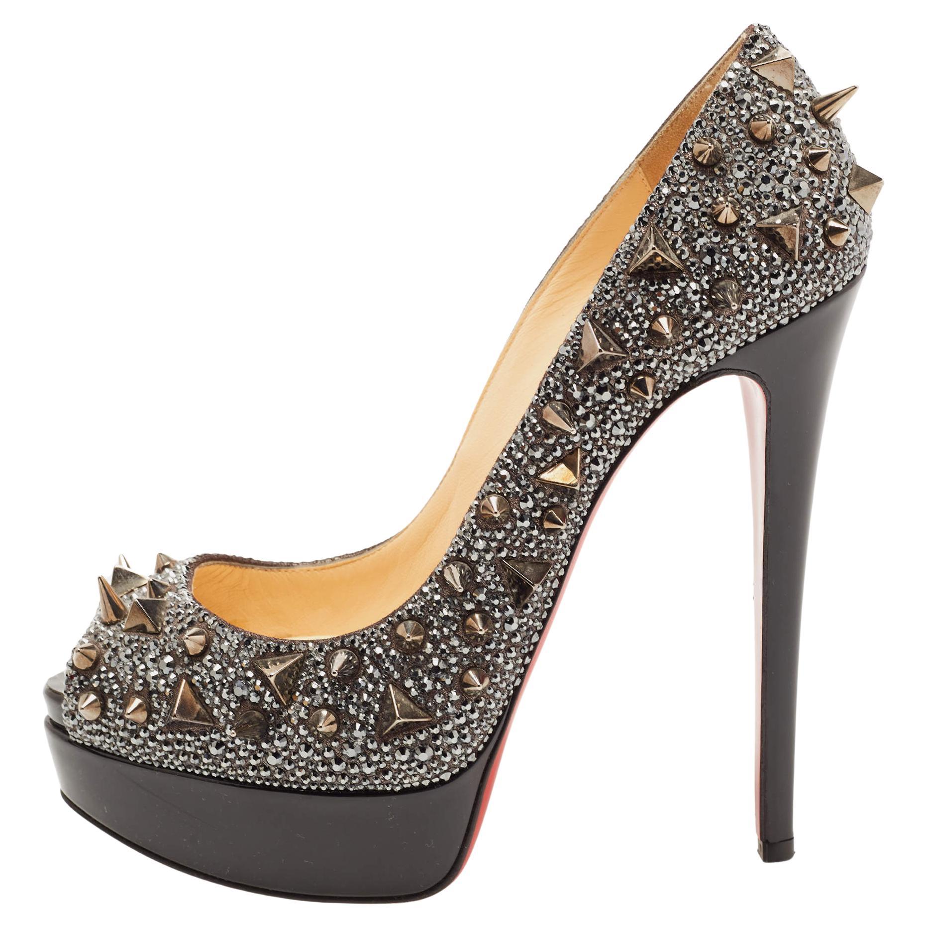 Christian Louboutin Metallic Crystal Leather Lady Peep Spikes Pumps Size 37.5 For Sale