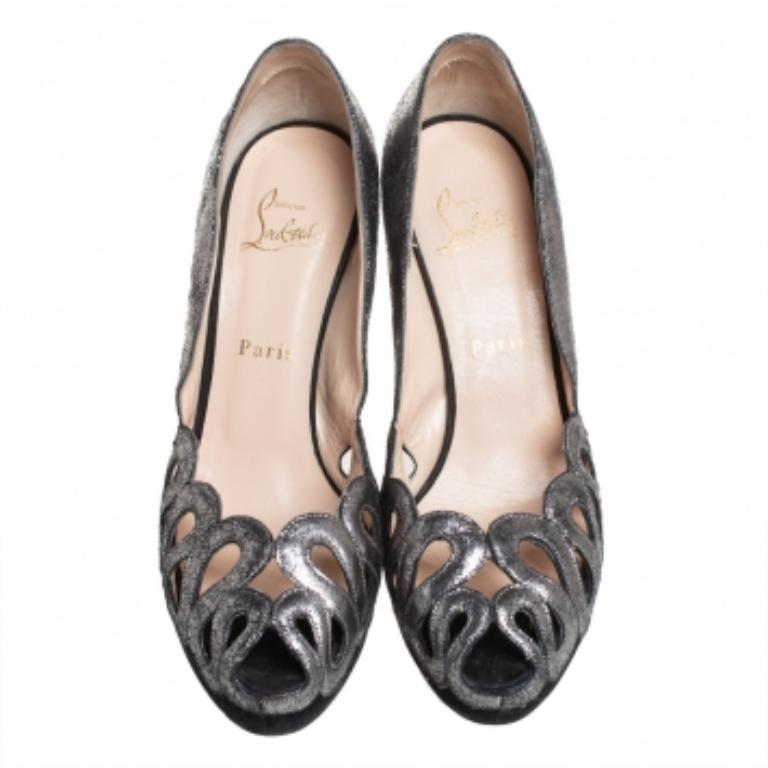 Women's Christian Louboutin Metallic Cut Out Leather Peep Toe Pumps Size 37.5 For Sale