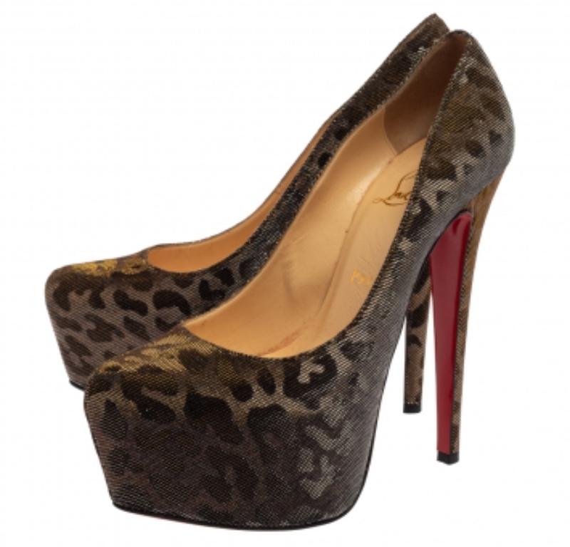 Take your love for Louboutins to new heights by adding this gorgeous Daffodile pair to your collection. The pumps speak of high fashion in every stitch and curve. The exterior is made from metallic fabric and is finished with concealed platforms, 16
