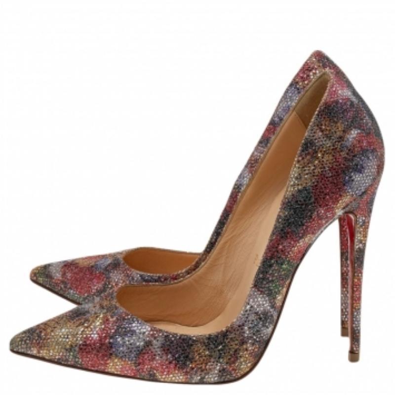 The So Kate pumps from Christian Louboutin are named after supermodel Kate Moss. They were designed with selective features that inherited the brand's signature skill and legacy effortlessly. Made using metallic glitter into a daring silhouette,