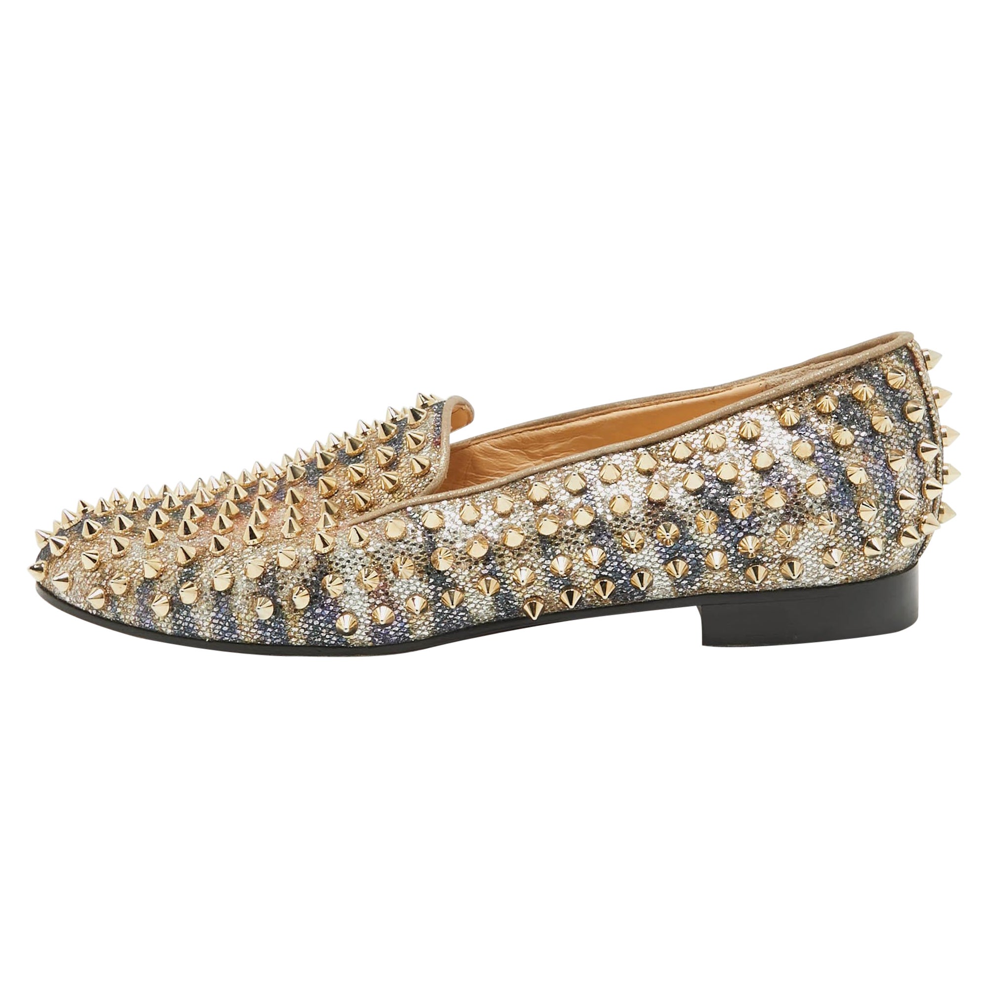 Christian Louboutin Metallic Glitter Dandelion Spikes Loafers Size 40