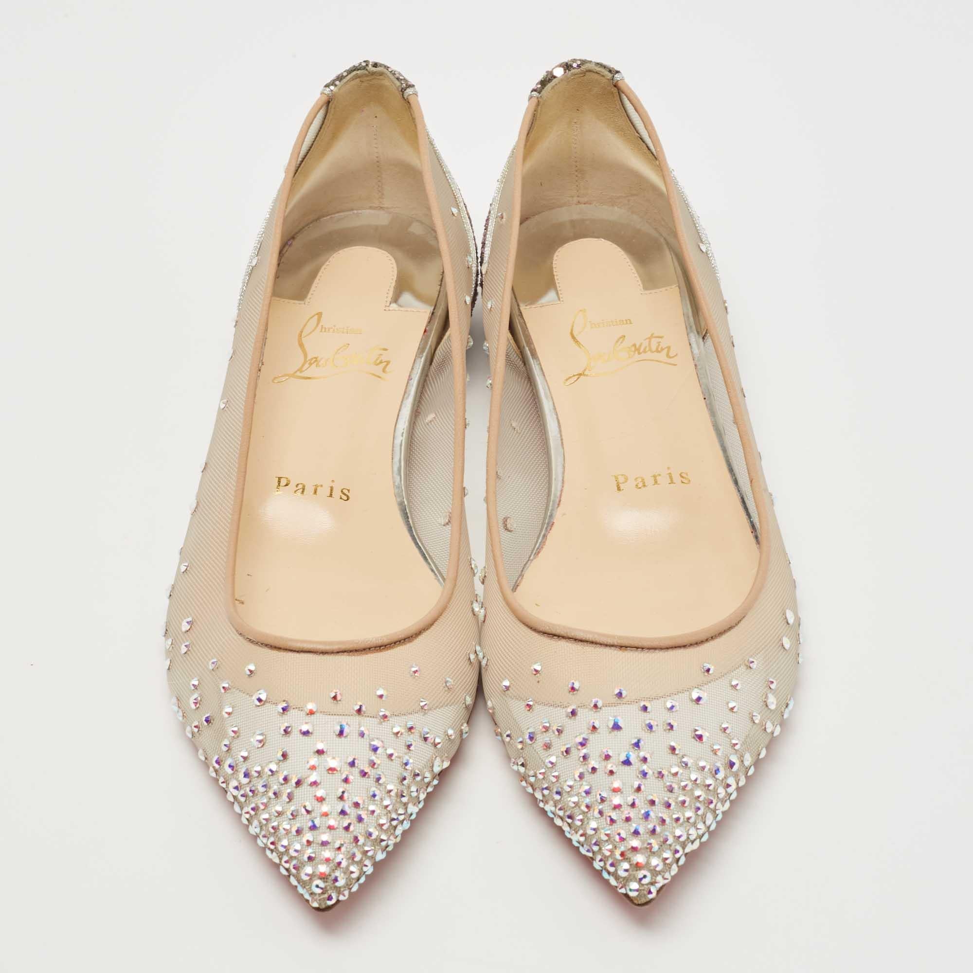 Christian Louboutin Beige/Silver Mesh and Coarse Glitter Follies Strass  Pumps Size 40.5 Christian Louboutin