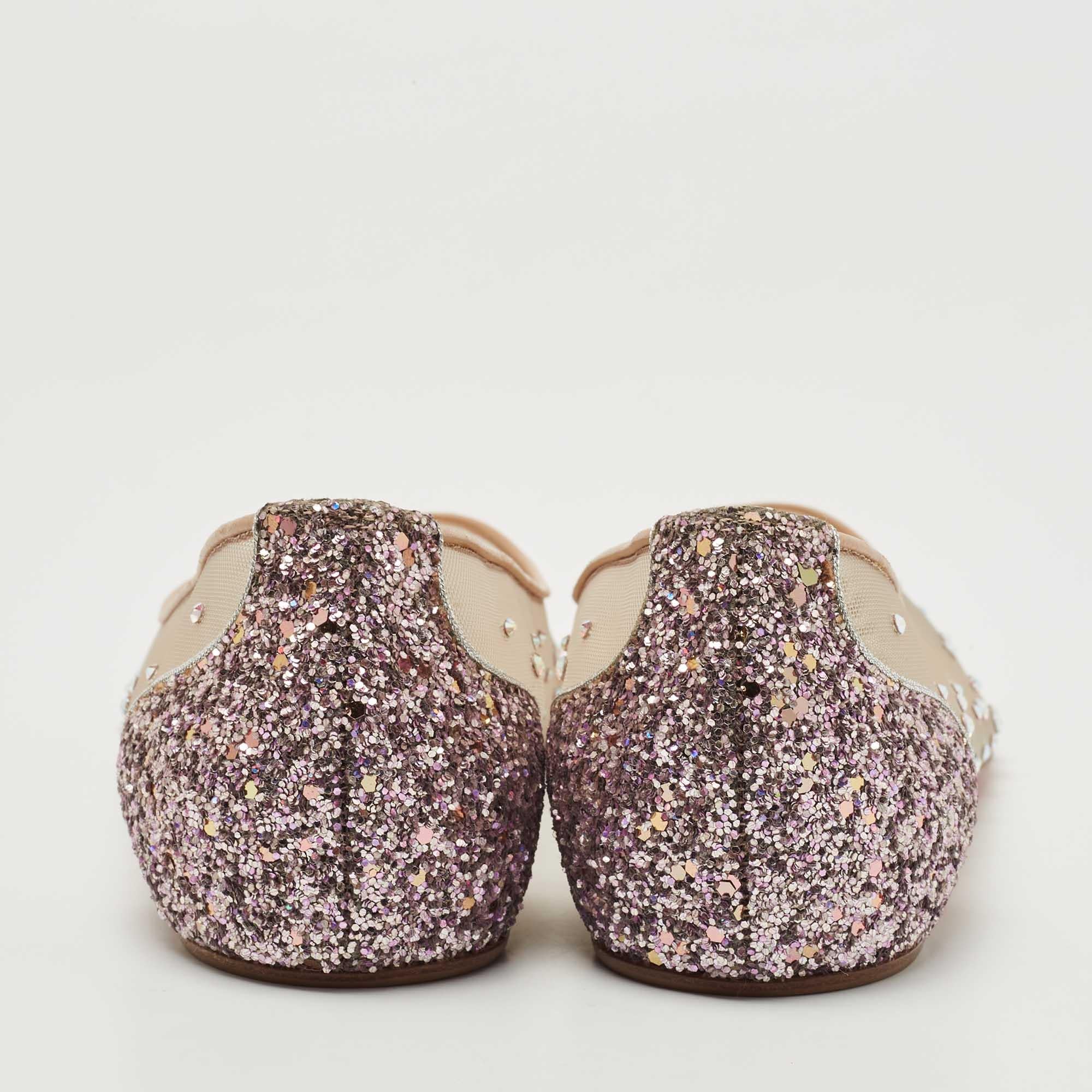 Christian Louboutin Metallic Glitter Follies Strass Ballet Flats Size 36.5 In Excellent Condition In Dubai, Al Qouz 2