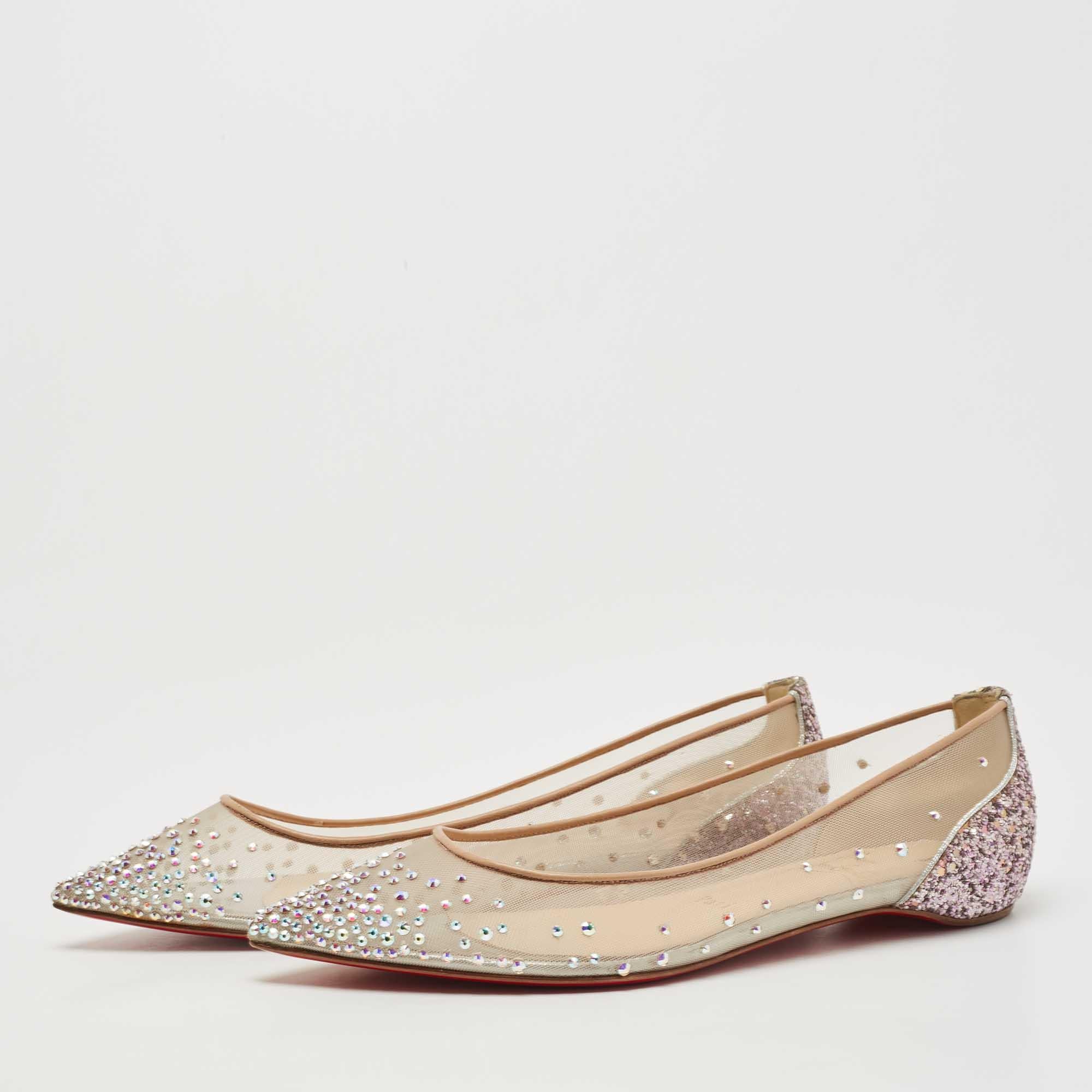 Women's Christian Louboutin Metallic Glitter Follies Strass Ballet Flats Size 36.5