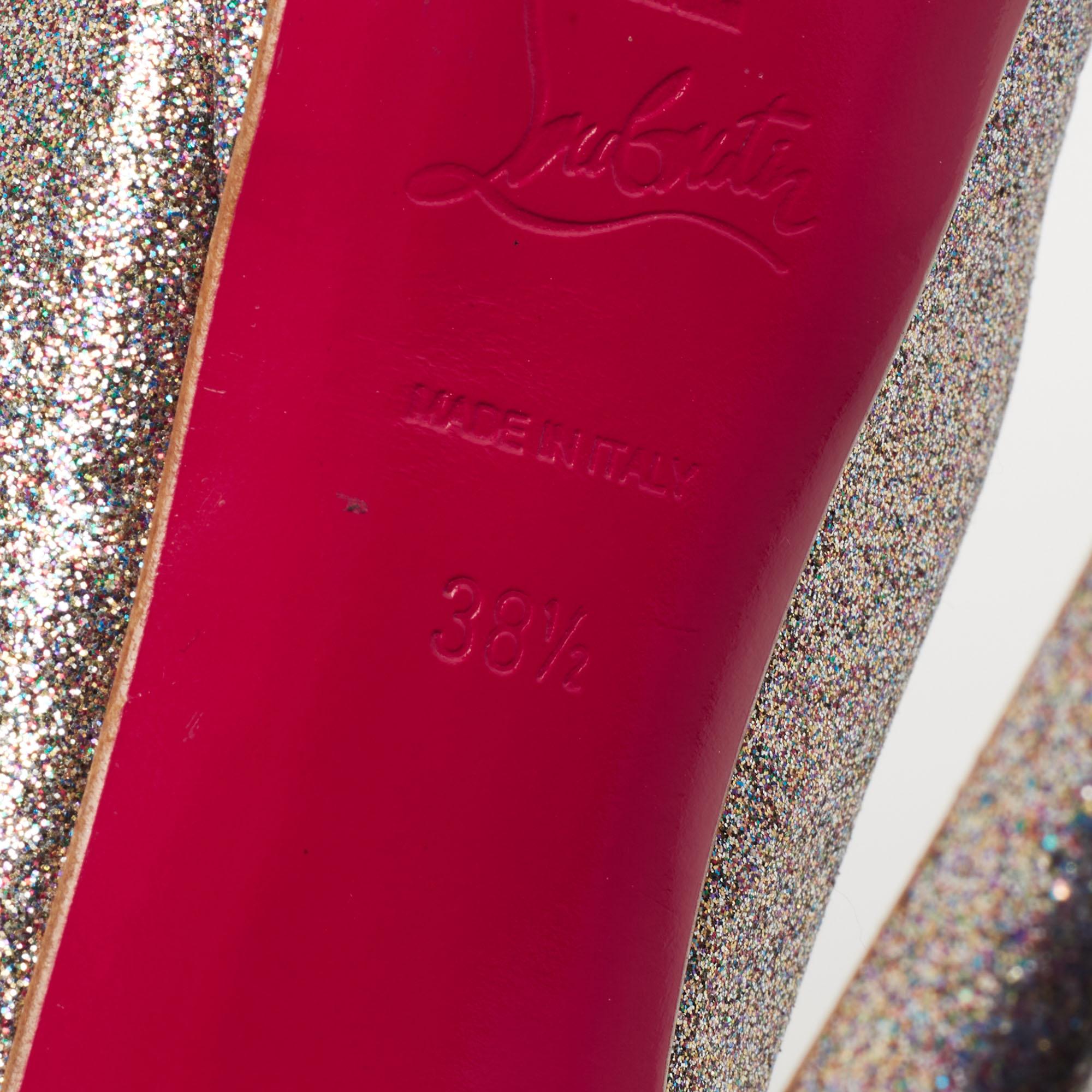 Women's Christian Louboutin Metallic Glitter Lady Peep Toe Platform Pumps Size 38.5 For Sale