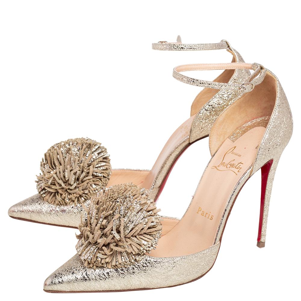 Christian Louboutin Metallic Gold Crinkled Leather Tsarou D'Orsay Pumps Size 38 3