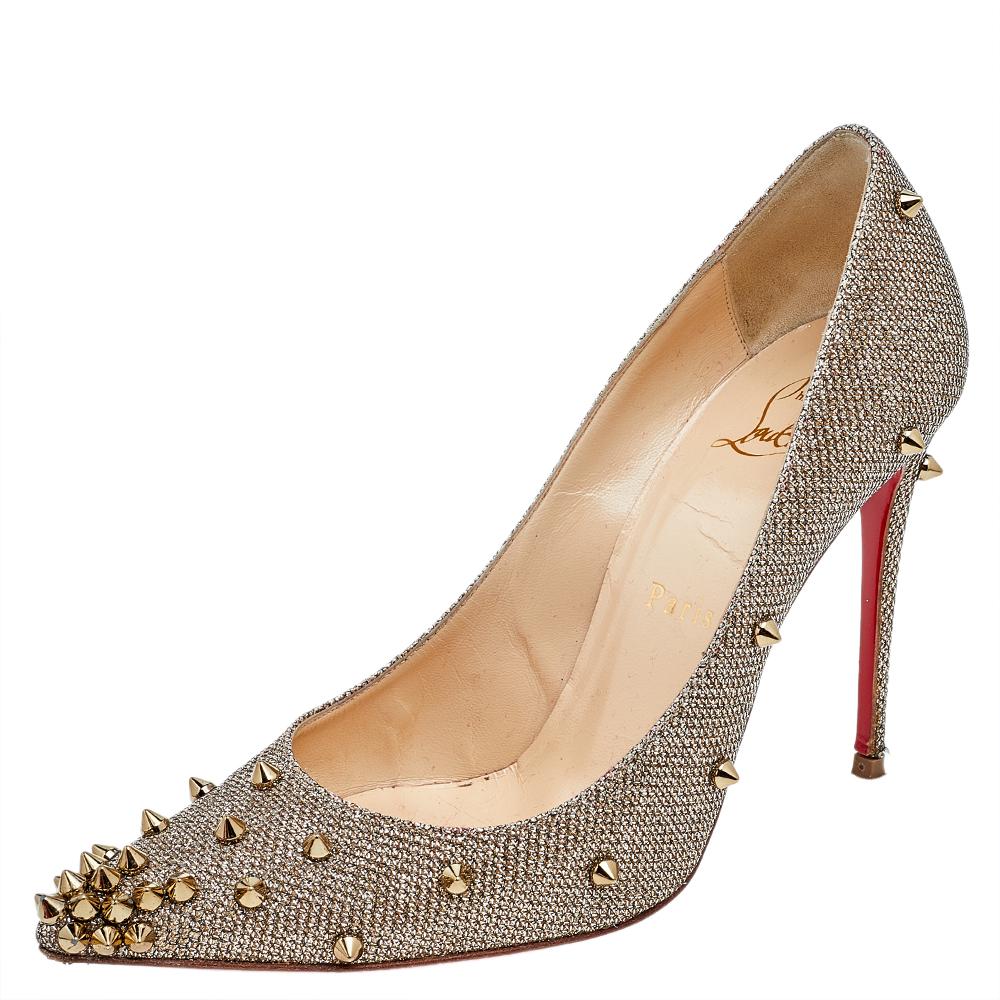 Christian Louboutin Metallic Gold Fabric Degraspike Pointed Toe Pumps Size 36.5 In Good Condition In Dubai, Al Qouz 2