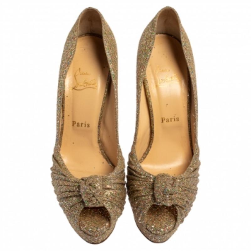 Christian Louboutin Metallic Gold Glitter Fabric Knotted Peep Toe Pumps Size 39 For Sale 1