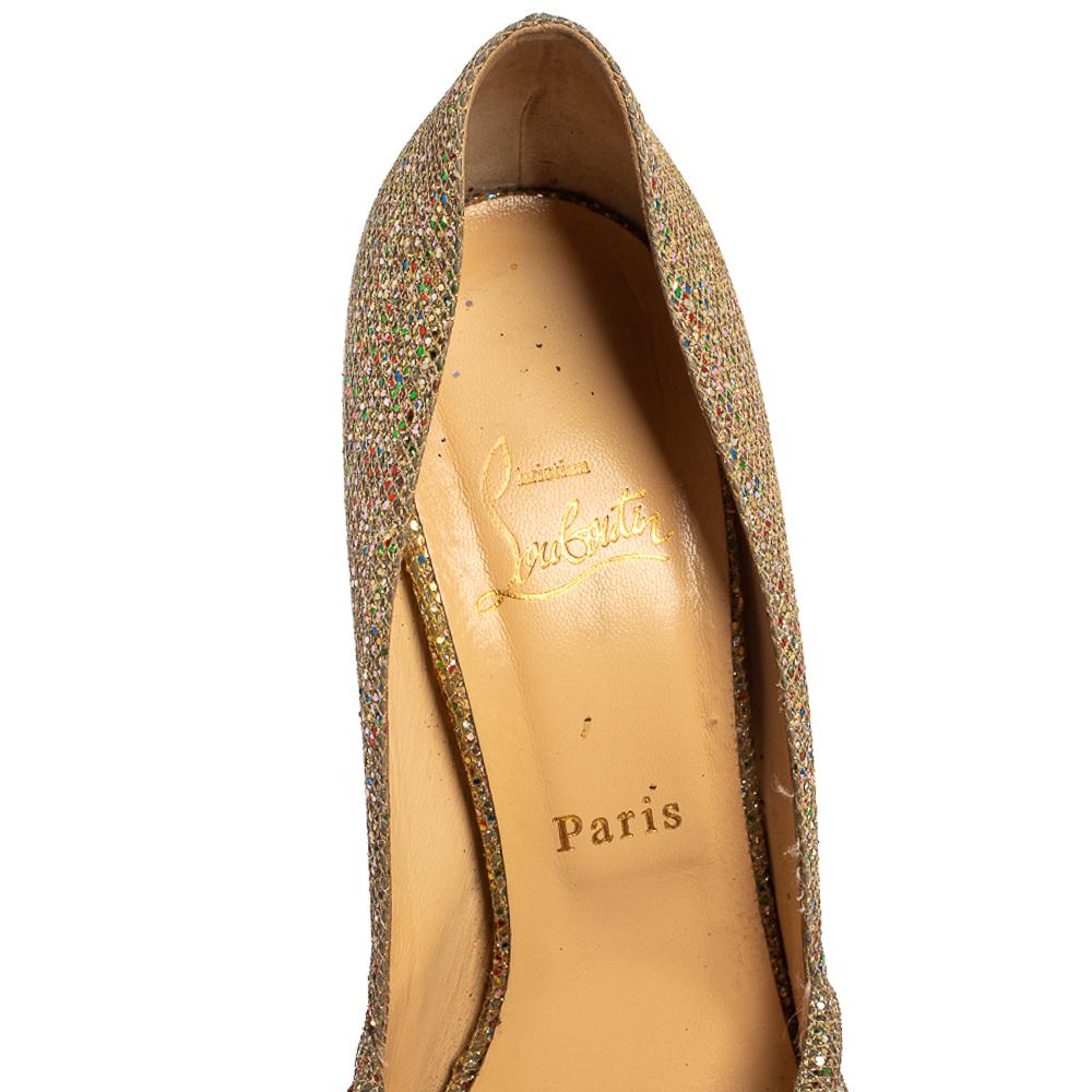 Brown Christian Louboutin Metallic Gold Glitter Fabric Knotted Peep Toe Pumps Size 39 For Sale