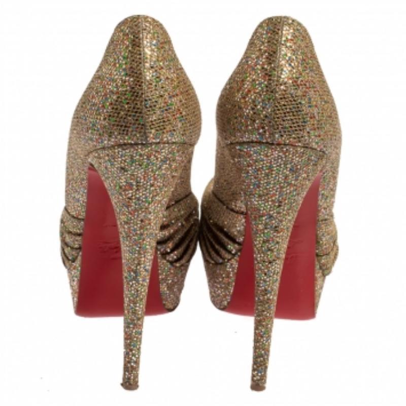 Christian Louboutin Metallic Gold Glitter Fabric Knotted Peep Toe Pumps Size 39 For Sale 2