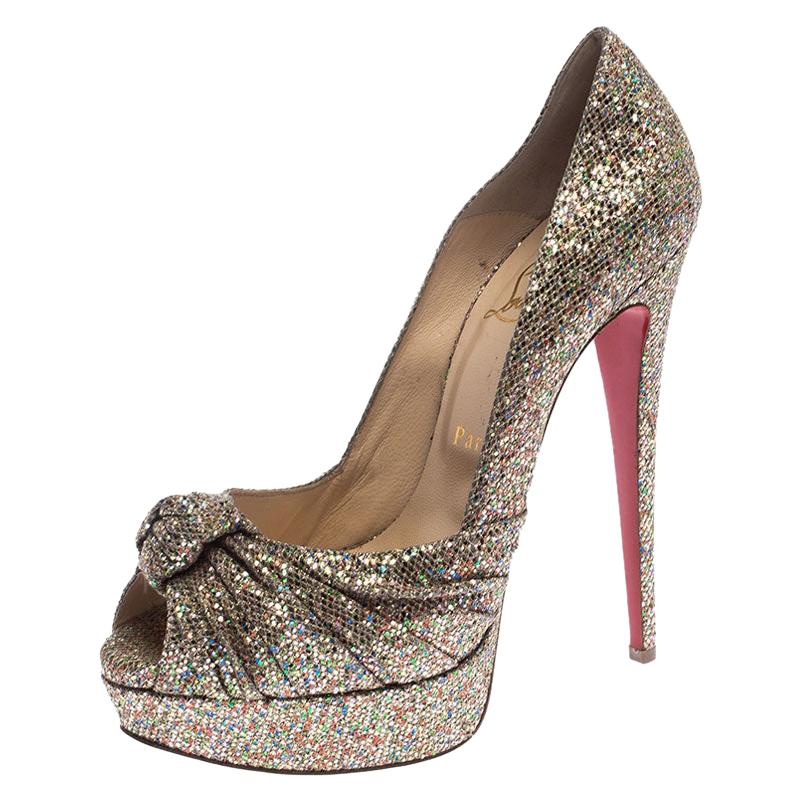 Christian Louboutin Metallic Gold Glitter Fabric Knotted Peep Toe Pumps Size 39