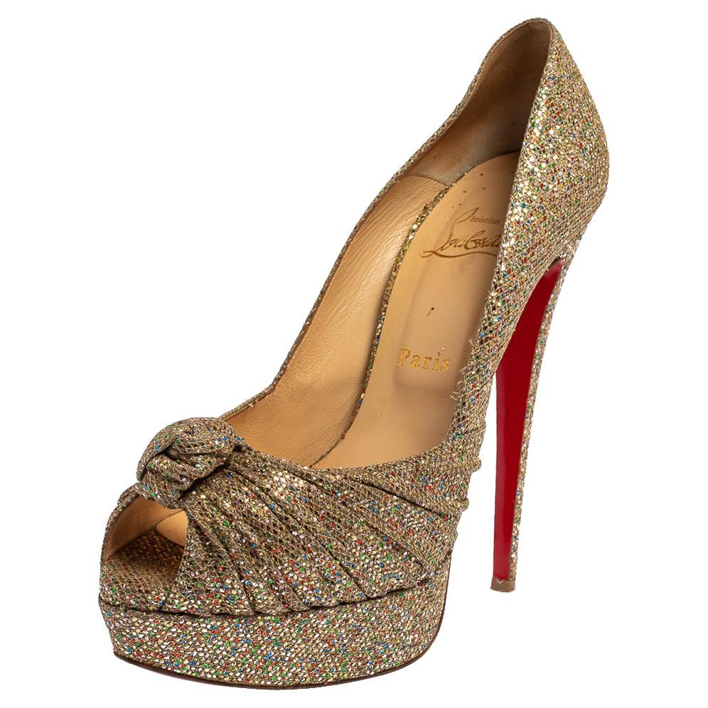 Christian Louboutin Metallic Gold Glitter Fabric Knotted Peep Toe Pumps Size 39 For Sale