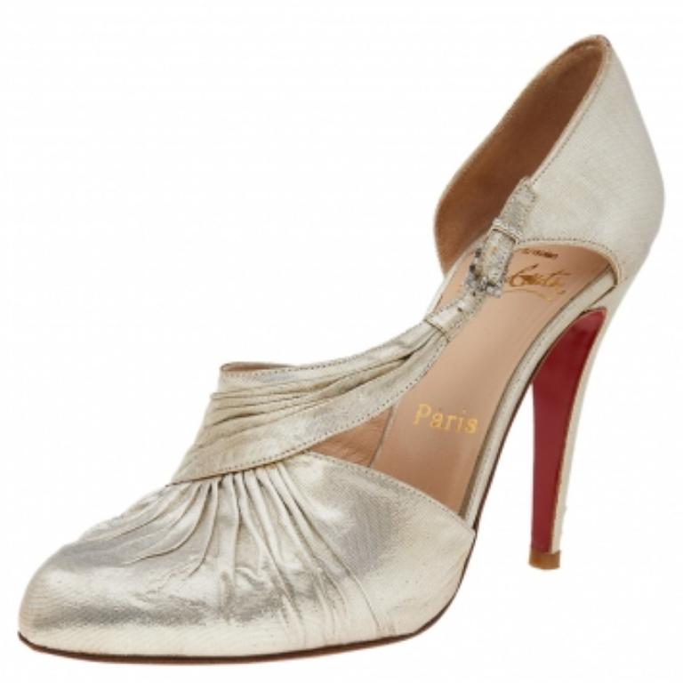 Christian Louboutin Metallic Gold Lamé Fabric Ruffle D'Orsay Pumps Size 38 5