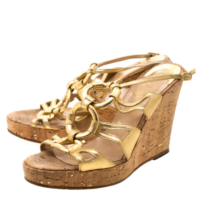 Women's Christian Louboutin Metallic Gold Leather Ankle Strap Cork Wedge  Sandal Size 38
