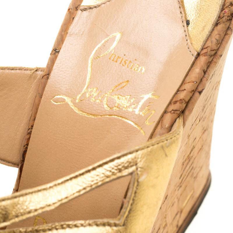 Christian Louboutin Metallic Gold Leather Ankle Strap Cork Wedge  Sandal Size 38 1