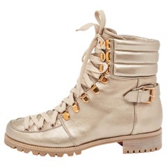 Christian Louboutin Metallic Gold Leather Combat Boots Size 41