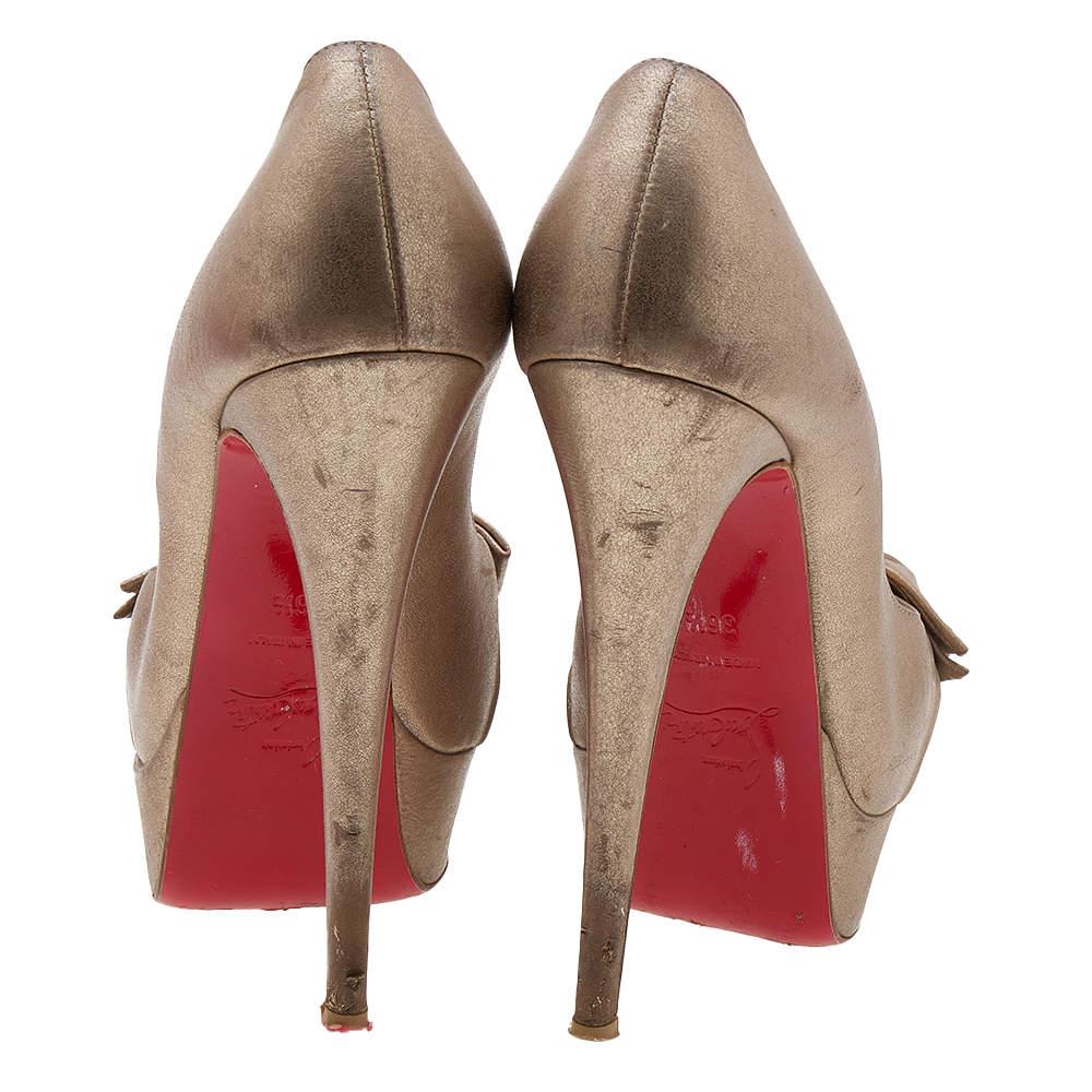 Brown Christian Louboutin Metallic Gold Leather Madame Butterfly Peep Toe Platform Pum For Sale
