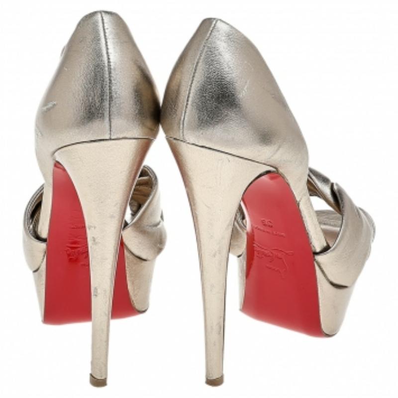 Women's Christian Louboutin Metallic Gold Leather Peacock Platform Pumps Size 36