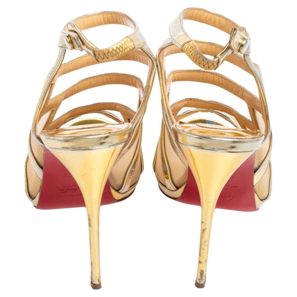 De las mujeres Christian Louboutin Sandalias con jaula Nicole de malla y piel doradas metalizadas talla 38.5