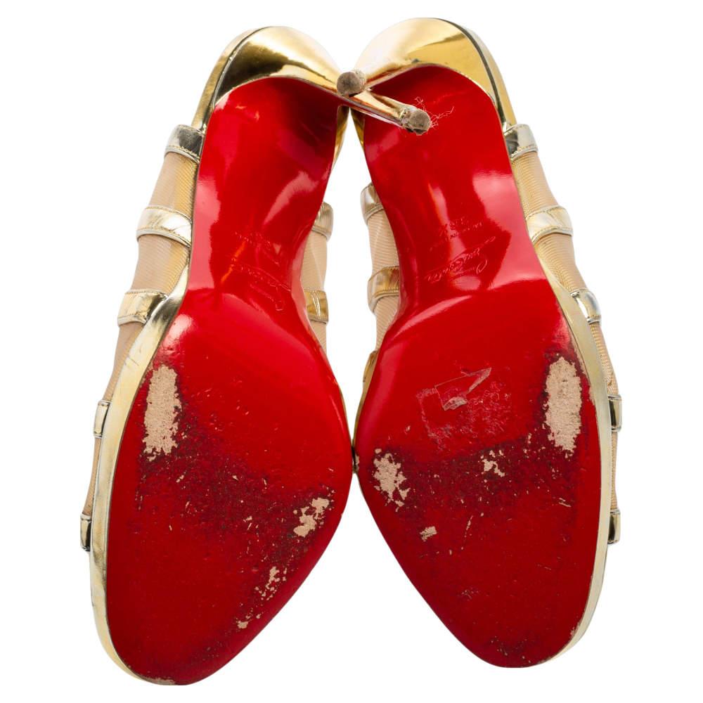 Christian Louboutin Sandalias con jaula Nicole de malla y piel doradas metalizadas talla 38.5 1