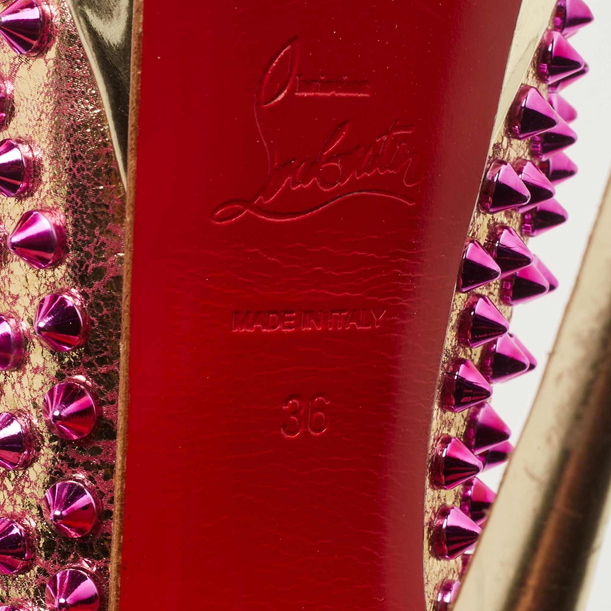 Women's Christian Louboutin Metallic Gold/Pink Leather Lady Peep Toe Spike Size 36