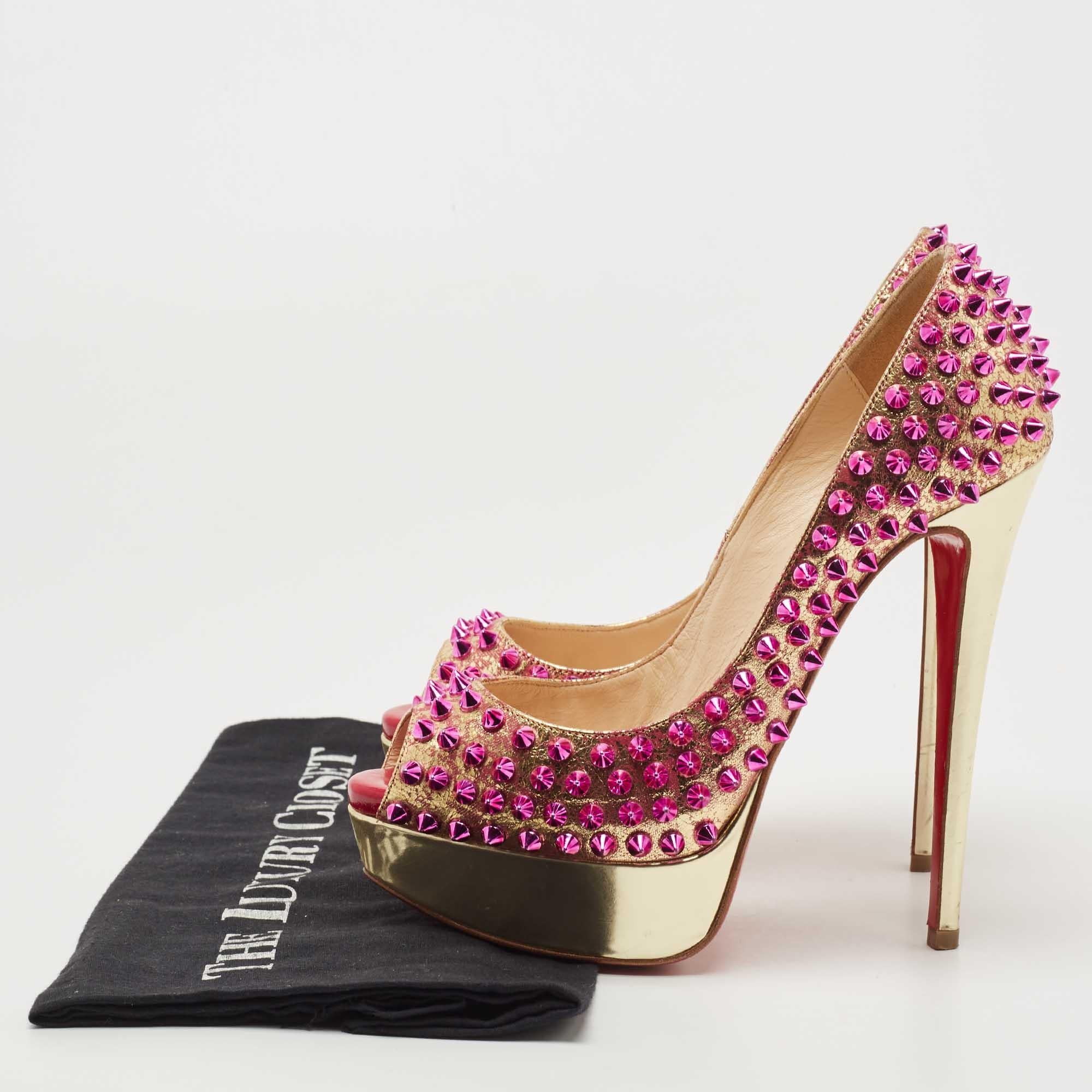 Christian Louboutin Metallic Gold/Pink Leather Lady Peep Toe Spike Size 36 5
