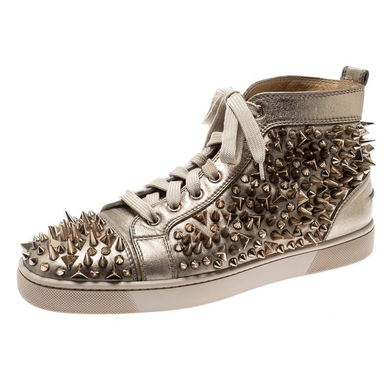 Christian Louboutin Metallic Gold  Spikes Lace Up High Top Sneakers Size 41