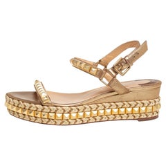 Christian Louboutin Metallic Gold Studded Leather Cataclou Espadrille Wedge Sand