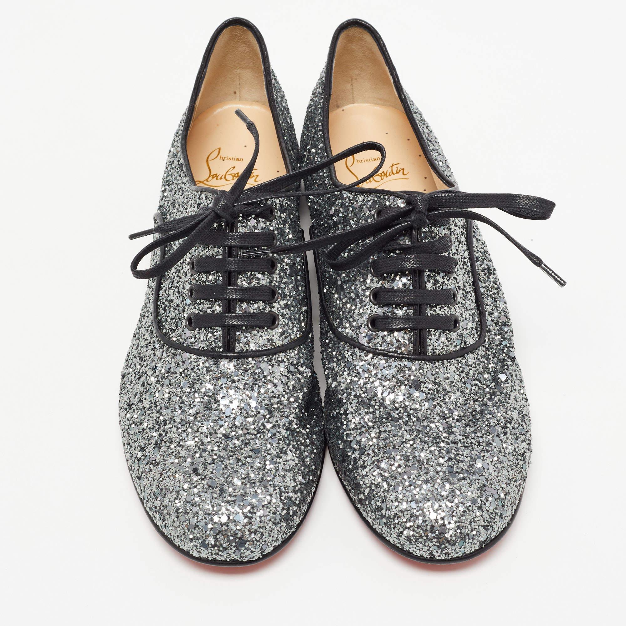 Women's Christian Louboutin Metallic Grey Coarse Glitter Fred Oxfords Size 39.5 For Sale