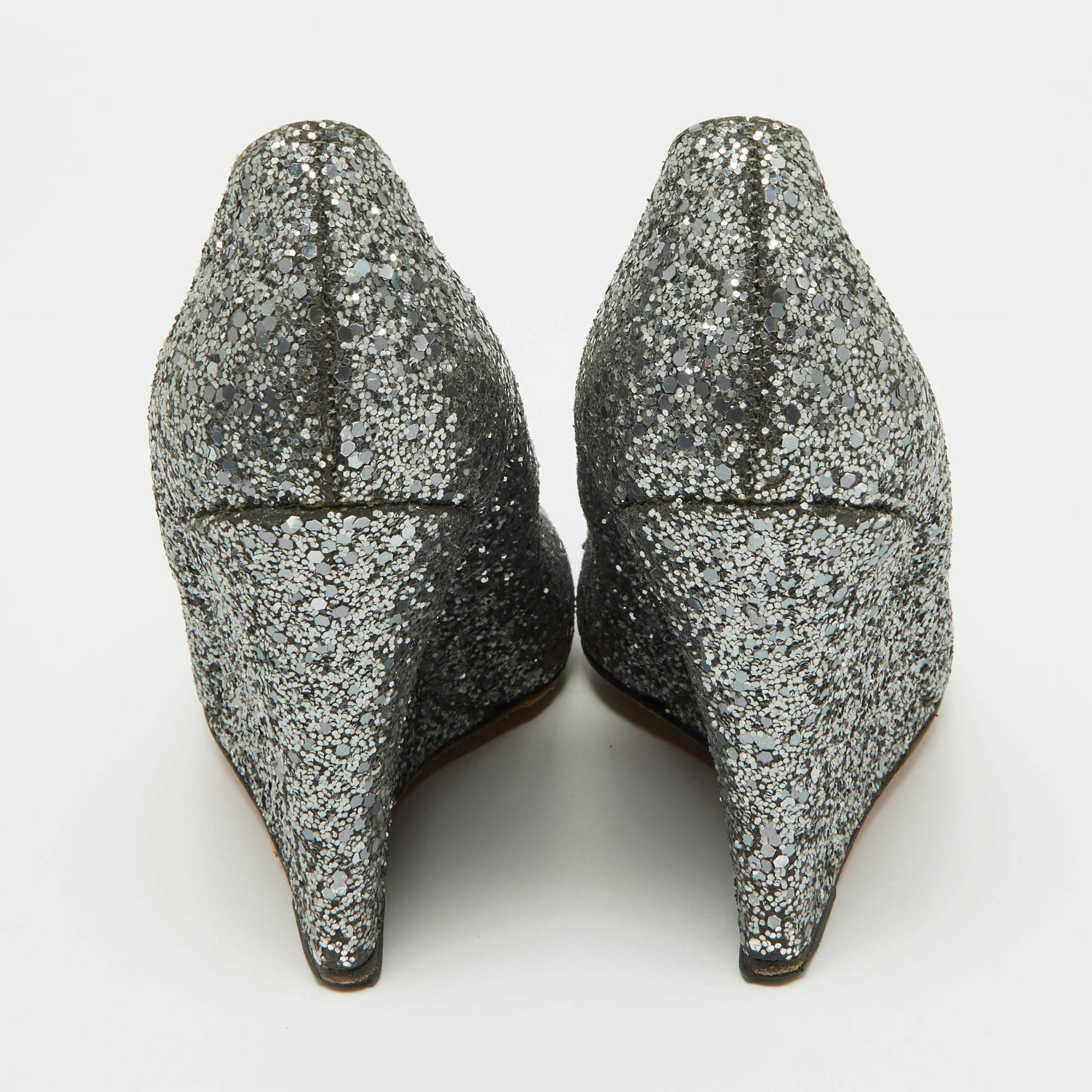 Christian Louboutin Metallic Grey Coarse Glitter Miss Boxe Wedge Pumps Size 38 For Sale 2