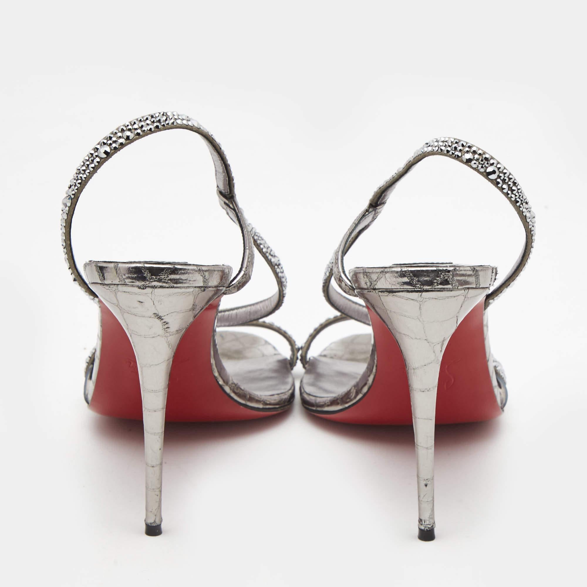 Gray Christian Louboutin Metallic Grey Crystal Embellished Rosalie Sandals Size 39.5 For Sale