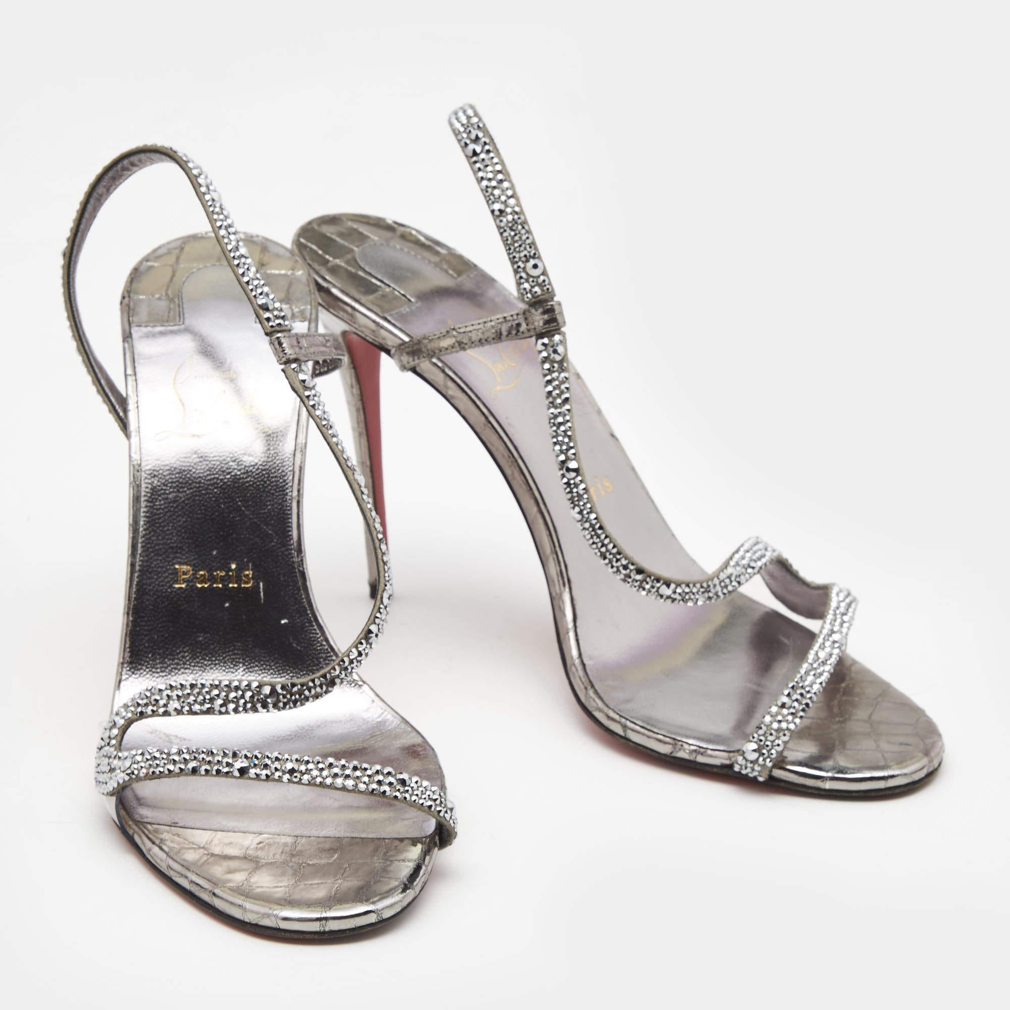 Women's Christian Louboutin Metallic Grey Crystal Embellished Rosalie Sandals Size 39.5 For Sale