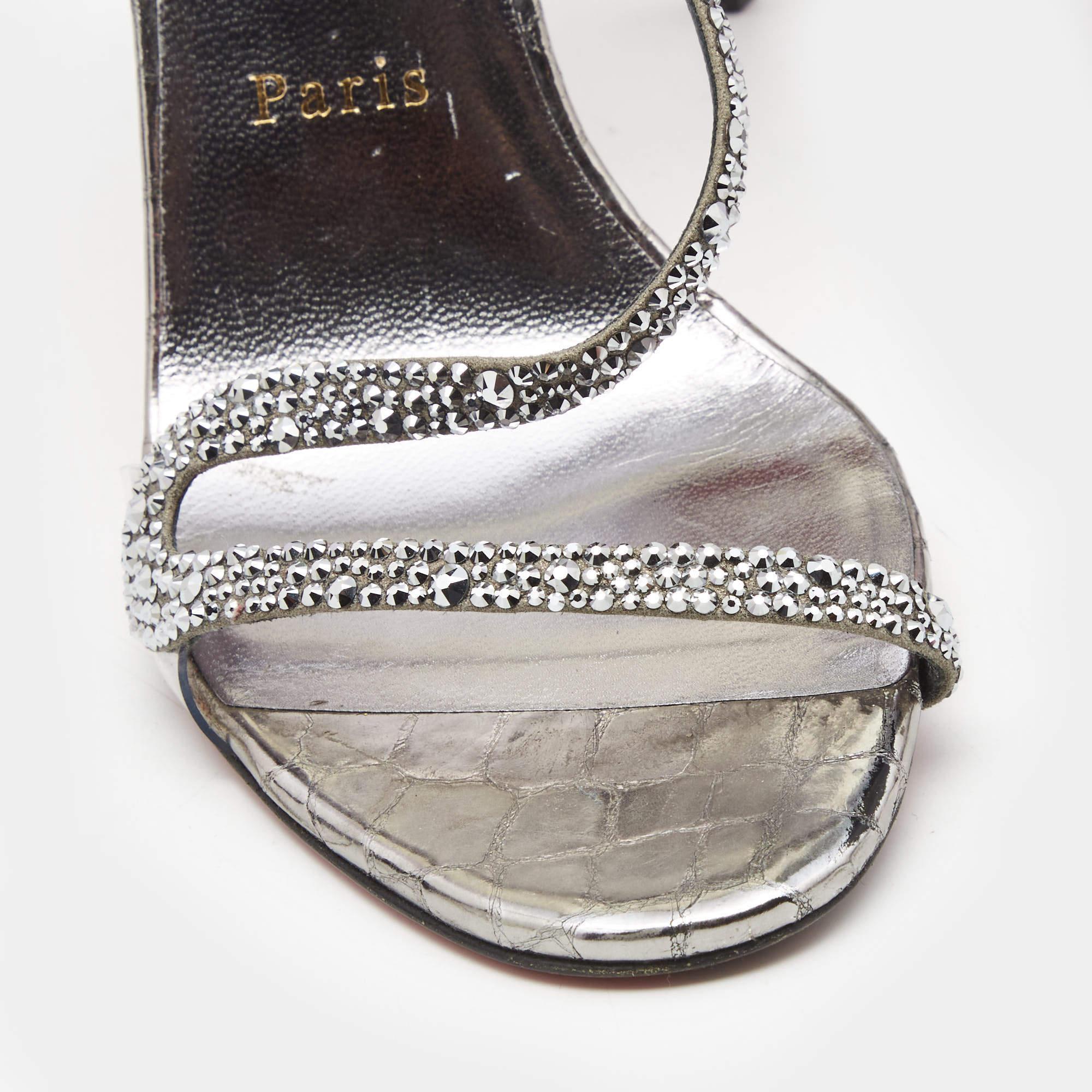 Christian Louboutin Metallic Grey Crystal Embellished Rosalie Sandals Size 39.5 For Sale 1