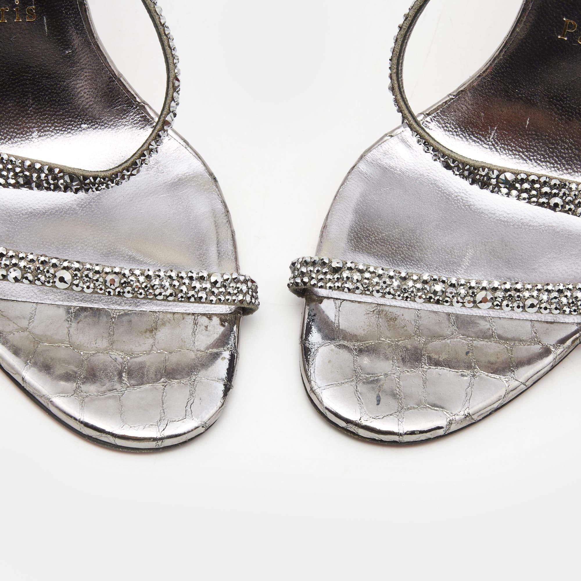 Christian Louboutin Metallic Grey Crystal Embellished Rosalie Sandals Size 39.5 For Sale 2