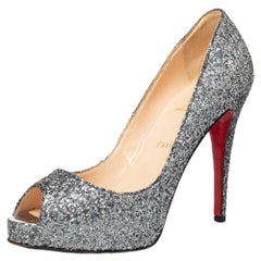 Christian Louboutin Metallic Grey Glitter Very Prive Peep Toe Pumps Size 40