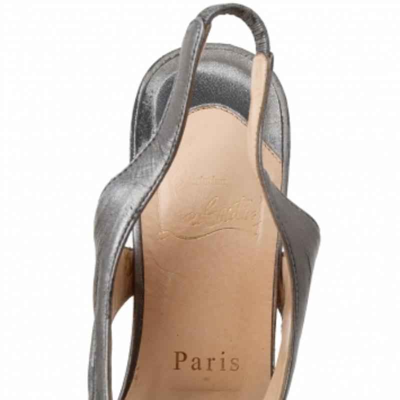 Women's Christian Louboutin Metallic Grey Leather Platform Slingback Sandals Size 36.5 For Sale