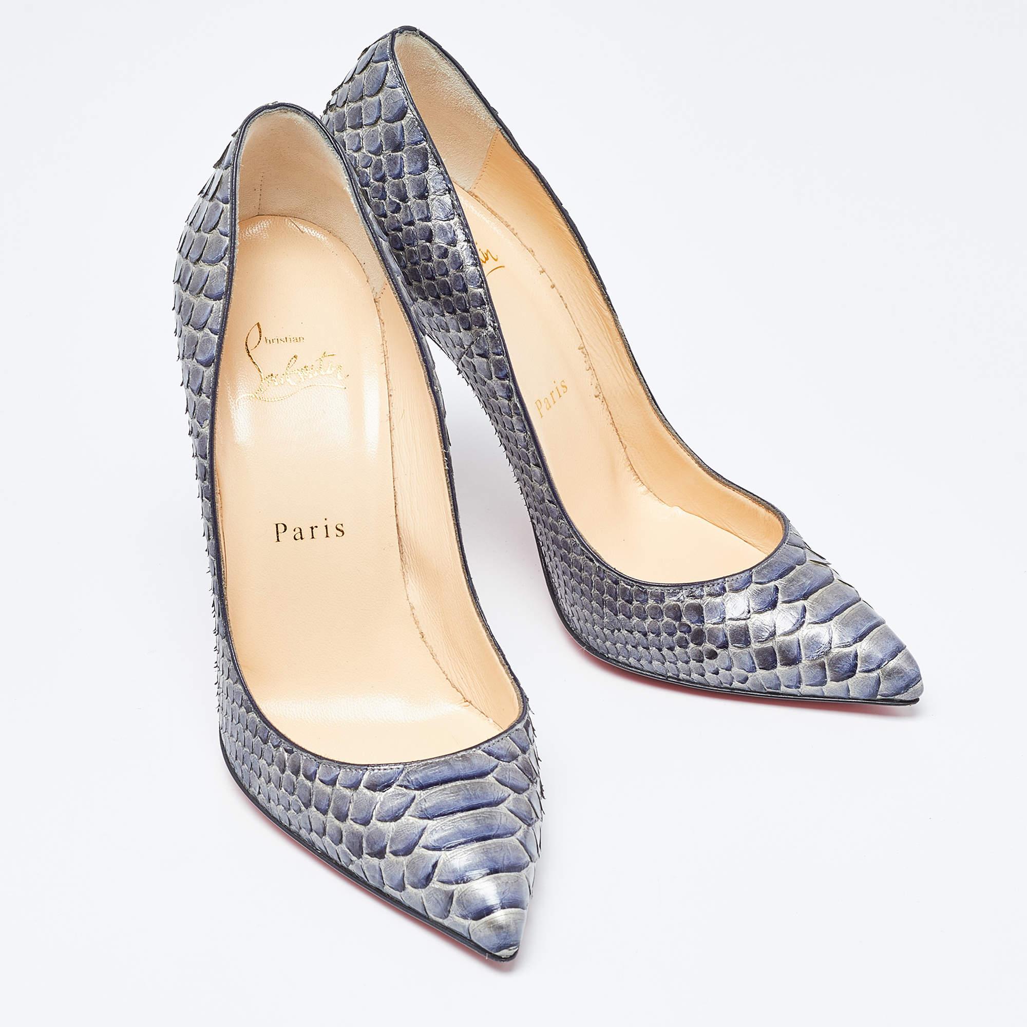 Women's Christian Louboutin Metallic Grey Python Leather So Kate Pointed Toe Pumps Size  For Sale