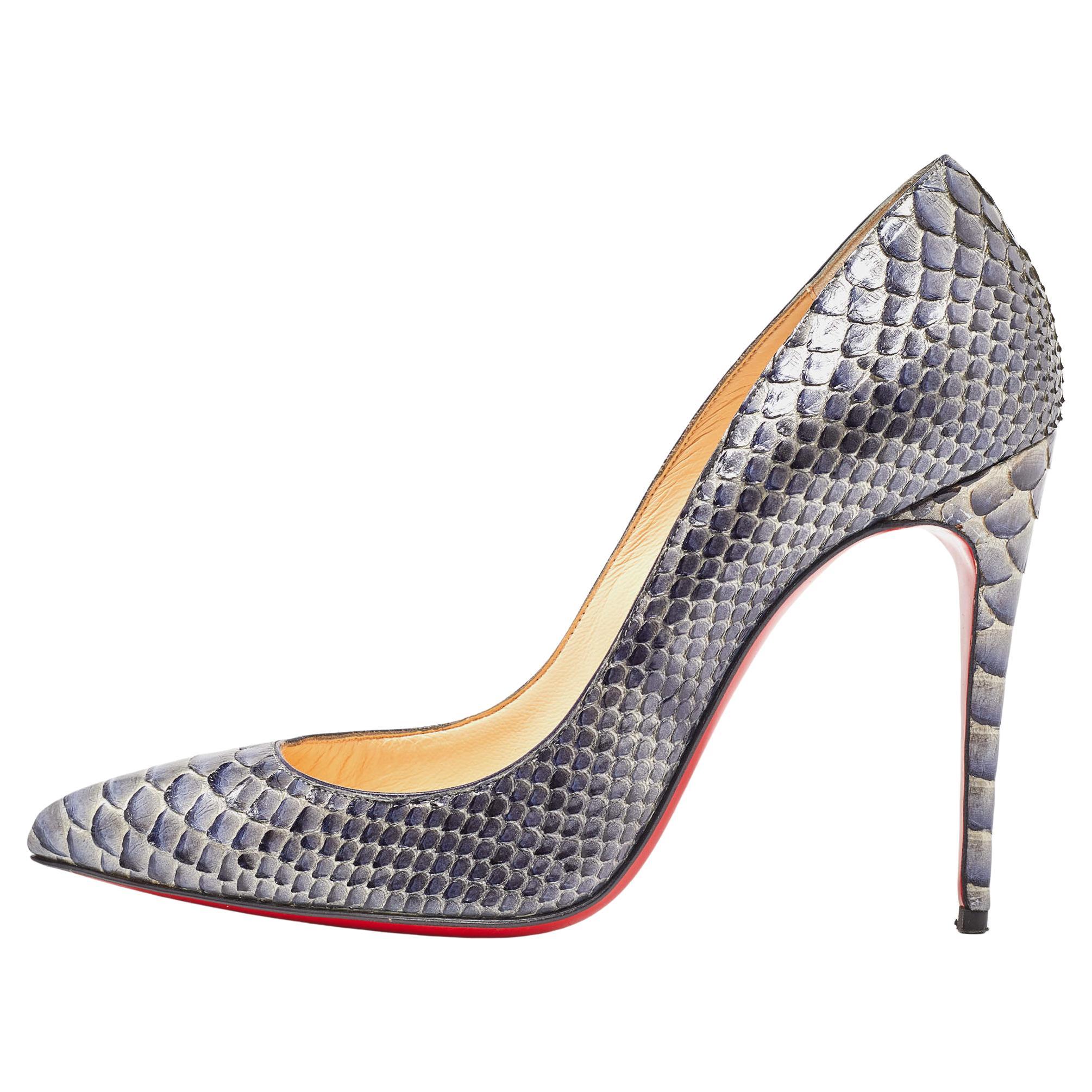 Christian Louboutin Metallic Grey Python Leather So Kate Pointed Toe Pumps Size  For Sale
