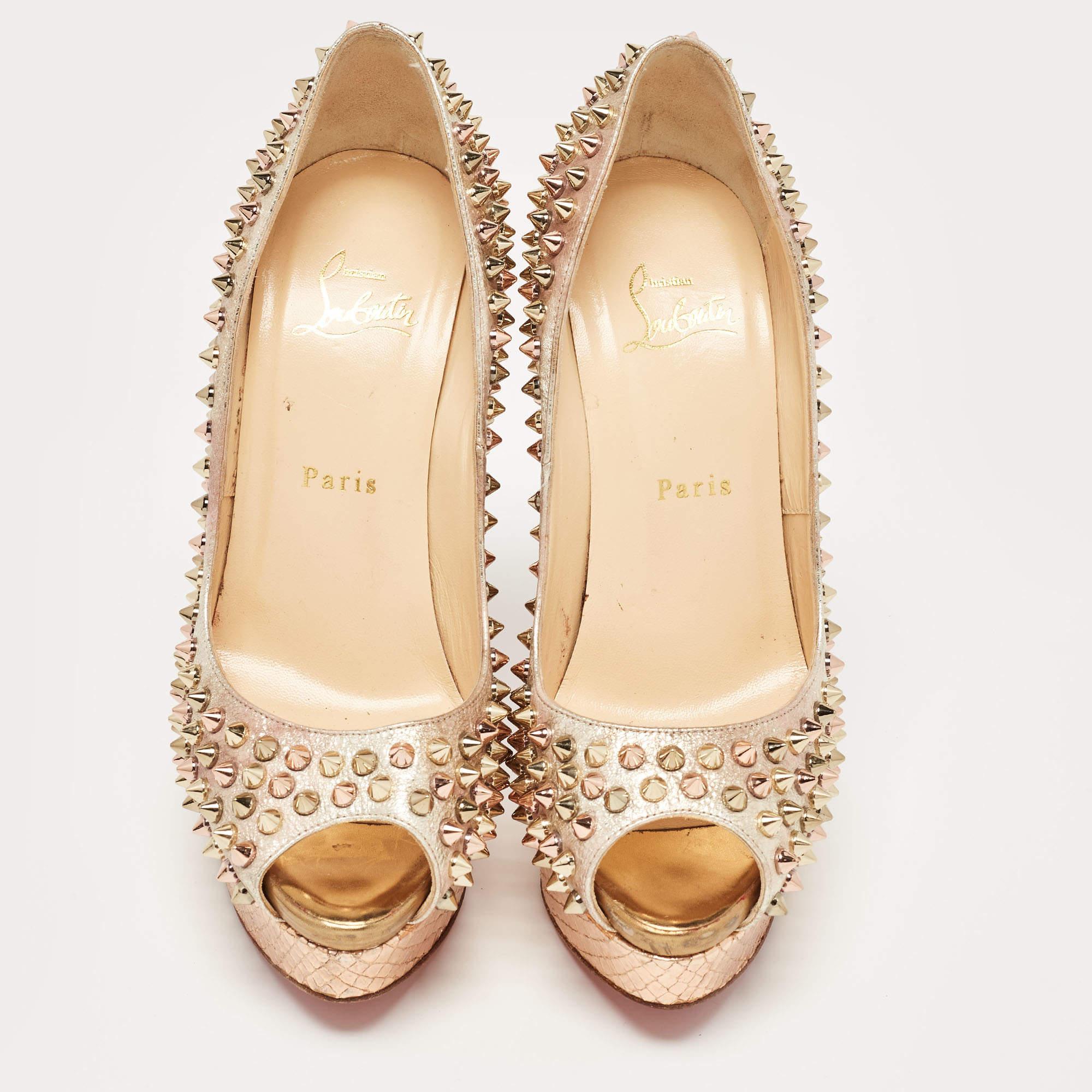 Beige Christian Louboutin Pumps in pelle metallizzata Lady Peep Spike Platform Taglia 38